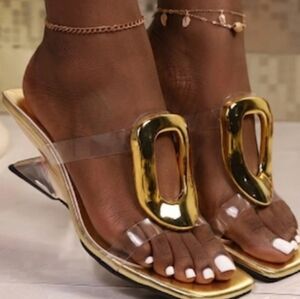 Golden  accent Clear Strap  asymmetrical Heeled Sandals